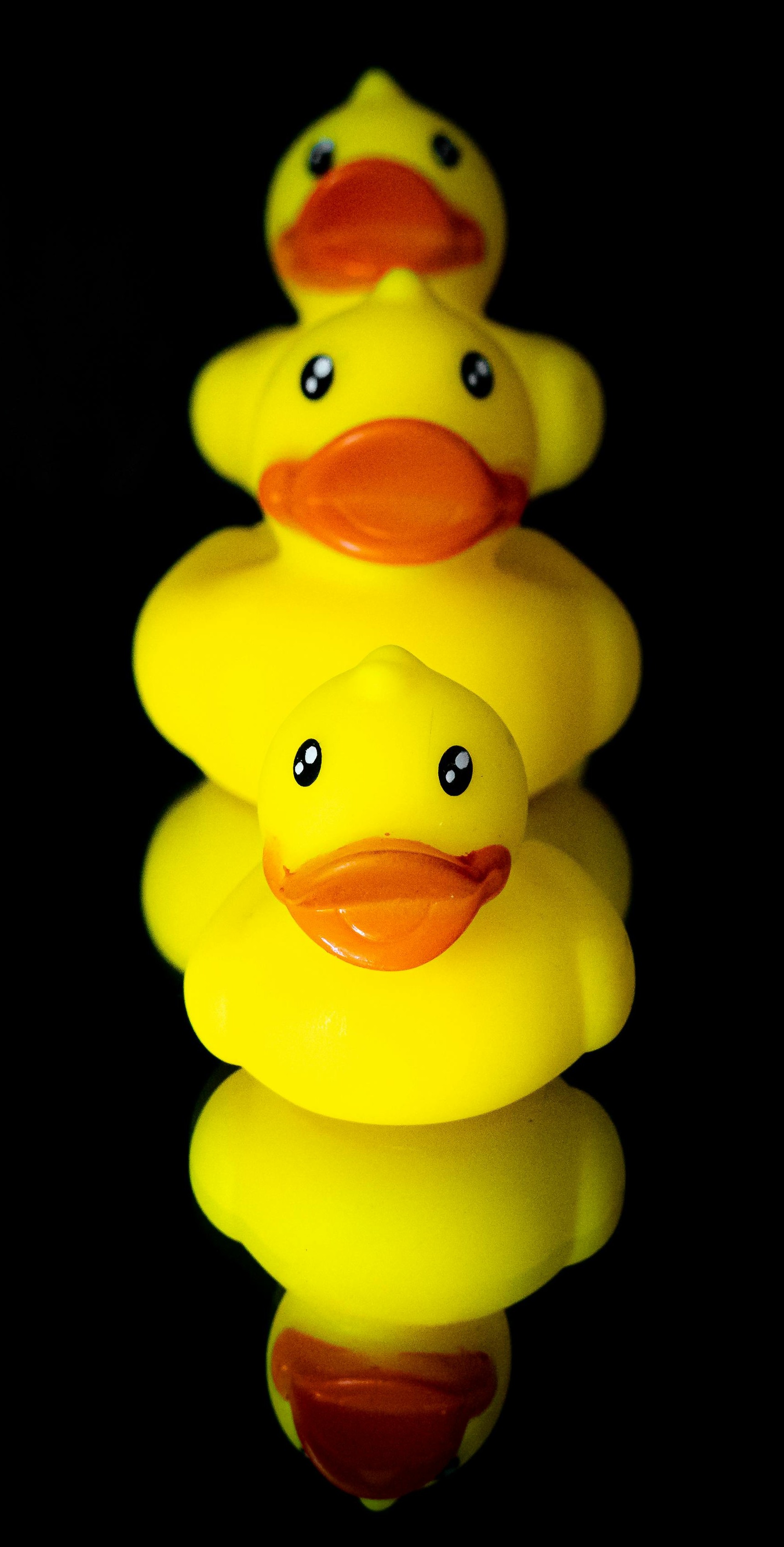 stack of yellow rubber ducks black background